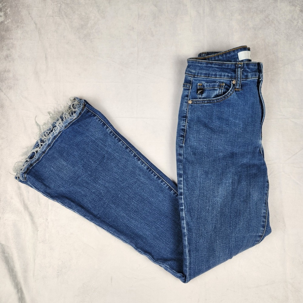KanCan Jeans Womens Size 5/26 Mid Rise Flare Raw Hem Blue Denim Pants - Picture 3 of 10
